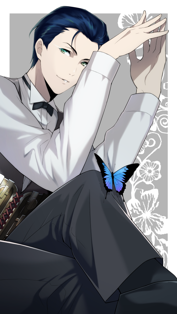 1boy 92_(artist) black_footwear black_legwear black_vest blue_eyes blue_hair bow bowtie butterfly collared_shirt fate/grand_order fate_(series) grey_background hair_slicked_back hands_together legs_crossed long_sleeves looking_at_viewer male_focus parted_lips sherlock_holmes_(fate/grand_order) shirt shoes smile socks solo vest
