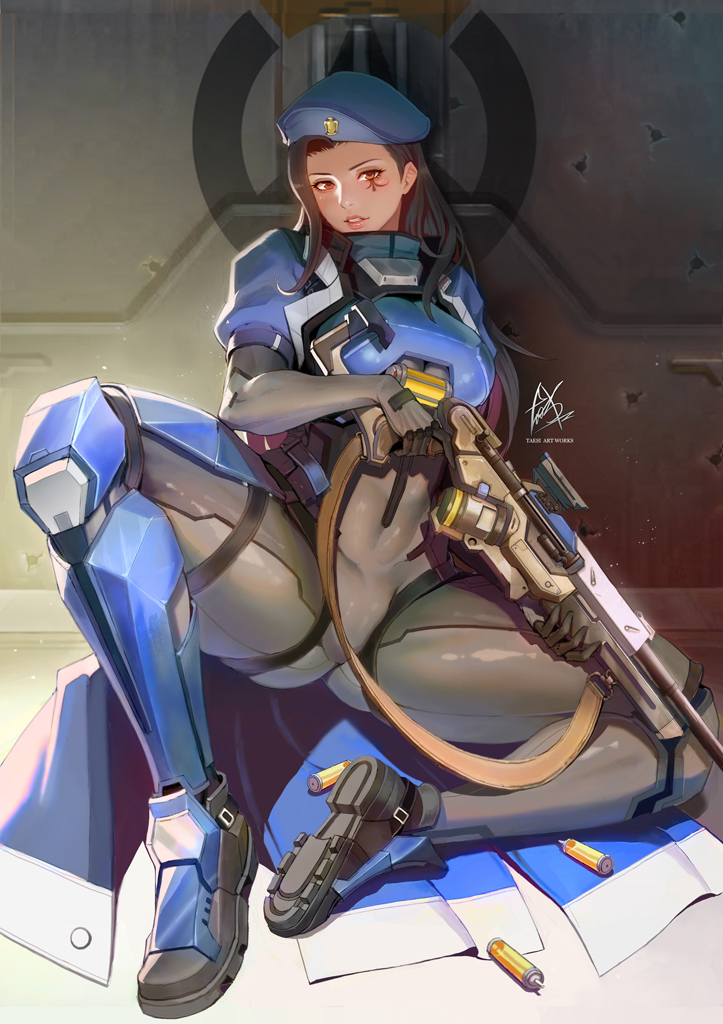 1girl ana_(overwatch) brown_eyes brown_hair elbow_gloves facial_tattoo gloves gun hat looking_at_viewer military_hat open_mouth overwatch rifle sitting sniper_rifle solo spread_legs taesi tattoo weapon younger