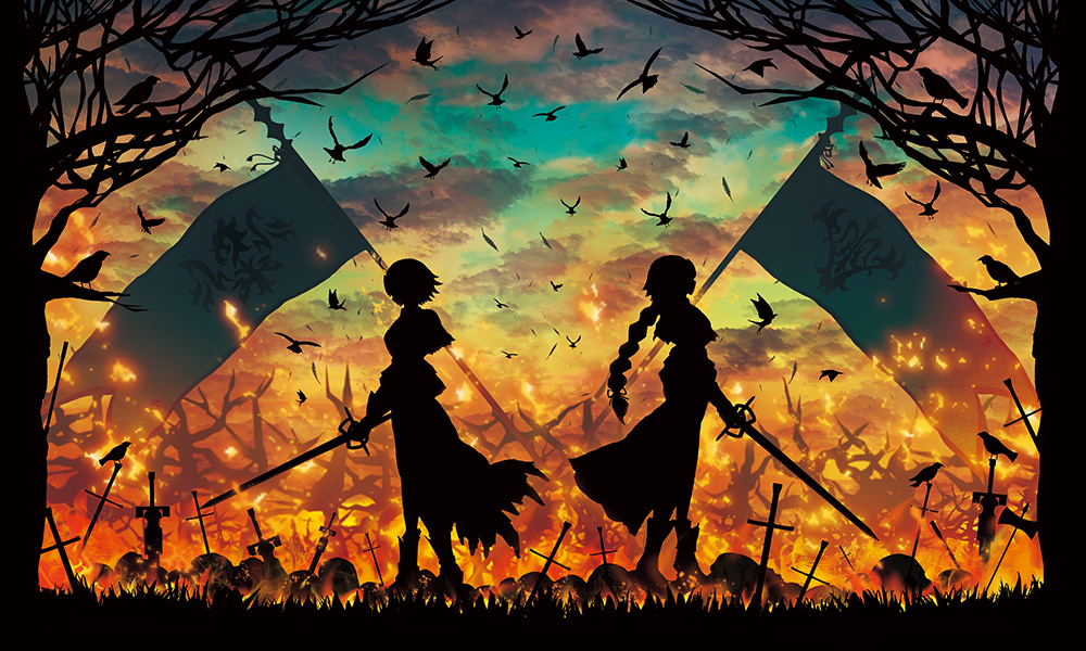 2girls bare_tree bird braid burning dual_persona fate/grand_order fate_(series) field_of_blades fire grass harada_miyuki holding holding_sword holding_weapon jeanne_alter long_hair multiple_girls outdoors ruler_(fate/apocrypha) short_hair silhouette single_braid standing sword torn_clothes tree weapon