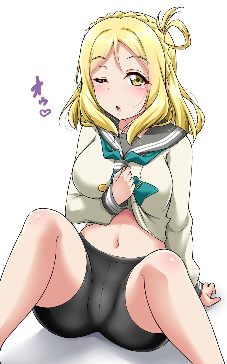 1girl ;o aqua_neckwear bike_shorts black_shorts blonde_hair blush braid breasts commentary_request crown_braid eyebrows_visible_through_hair hair_rings highres long_sleeves looking_at_viewer love_live! love_live!_sunshine!! navel neckerchief ohara_mari one_eye_closed school_uniform serafuku shirt_lift shorts sitting solo spread_legs tie_clip uranohoshi_school_uniform white_background yellow_eyes yopparai_oni