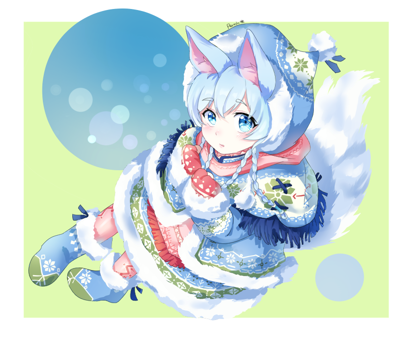 1girl animal_ears blue_eyes blue_hair coat full_body fur-trimmed_boots fur-trimmed_coat fur_trim hat koyomi_(shironeko_project) mittens parted_lips pennin555 quad_braids scarf shironeko_project tail winter_clothes winter_coat wolf_ears wolf_tail