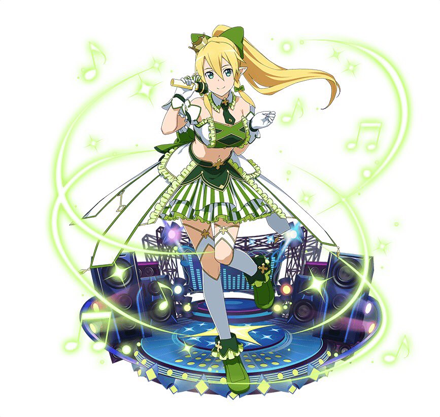 1girl arm_strap beamed_quavers blonde_hair bow braid breasts choker cleavage crop_top crown floating_hair full_body gloves green_bow green_eyes green_footwear green_neckwear hair_between_eyes hair_bow high_ponytail holding holding_microphone idol kneehighs large_breasts layered_skirt leafa long_hair looking_at_viewer microphone midriff mini_crown musical_note navel one_leg_raised pointy_ears quaver short_necktie side_braid simple_background skirt smile solo standing standing_on_one_leg stomach strapless striped sword_art_online vertical-striped_skirt vertical_stripes white_background white_gloves white_legwear