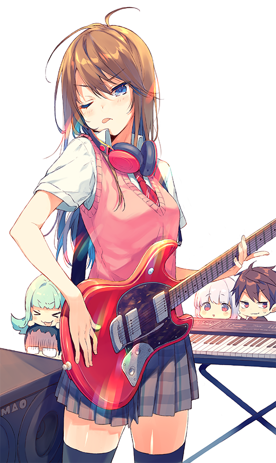 &gt;_&lt; 2boys 3girls :3 :d amplifier bangs black_legwear blonde_hair blue_eyes blunt_bangs breasts brown_hair chibi cover cover_page cowboy_shot electric_guitar eyebrows_visible_through_hair glasses gloom_(expression) green_hair guitar headphones headphones_around_neck holding holding_instrument instrument long_hair looking_at_viewer maou_haishinchuu!? medium_breasts multiple_boys multiple_girls necktie novel_cover novel_illustration one_eye_closed open_mouth pleated_skirt red_eyes red_neckwear reia school_uniform shaded_face short_hair short_sleeves simple_background skirt smile sweatdrop sweater_vest synthesizer thigh-highs tongue tongue_out white_background white_hair zettai_ryouiki