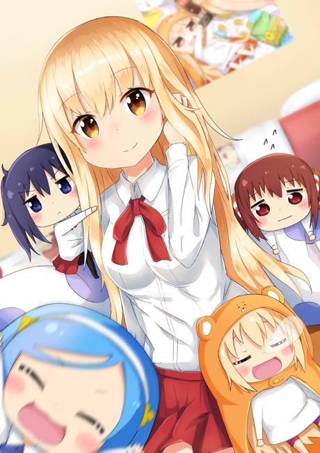 &gt;:&lt; 4girls :3 ^_^ bed blonde_hair blue_eyes blue_hair blurry blush blush_stickers brown_hair chibi clinging closed_eyes closed_mouth depth_of_field doma_umaru ebina_nana eyebrows_visible_through_hair hand_in_hair headband himouto!_umaru-chan hood hoodie komaru long_hair motion_blur motoba_kirie multiple_girls nose_bubble open_mouth ponytail poster_(object) red_eyes red_skirt school_uniform skirt sleeping smile sylphine tachibana_sylphynford twintails yellow_eyes