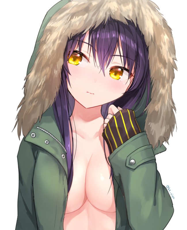 1girl bangs blush breasts cleavage coat commentary_request eyebrows_visible_through_hair green_coat holding holding_hair hood hooded_coat kz_ripo long_hair looking_at_viewer medium_breasts open_clothes original purple_hair simple_background solo twitter_username upper_body white_background yellow_eyes