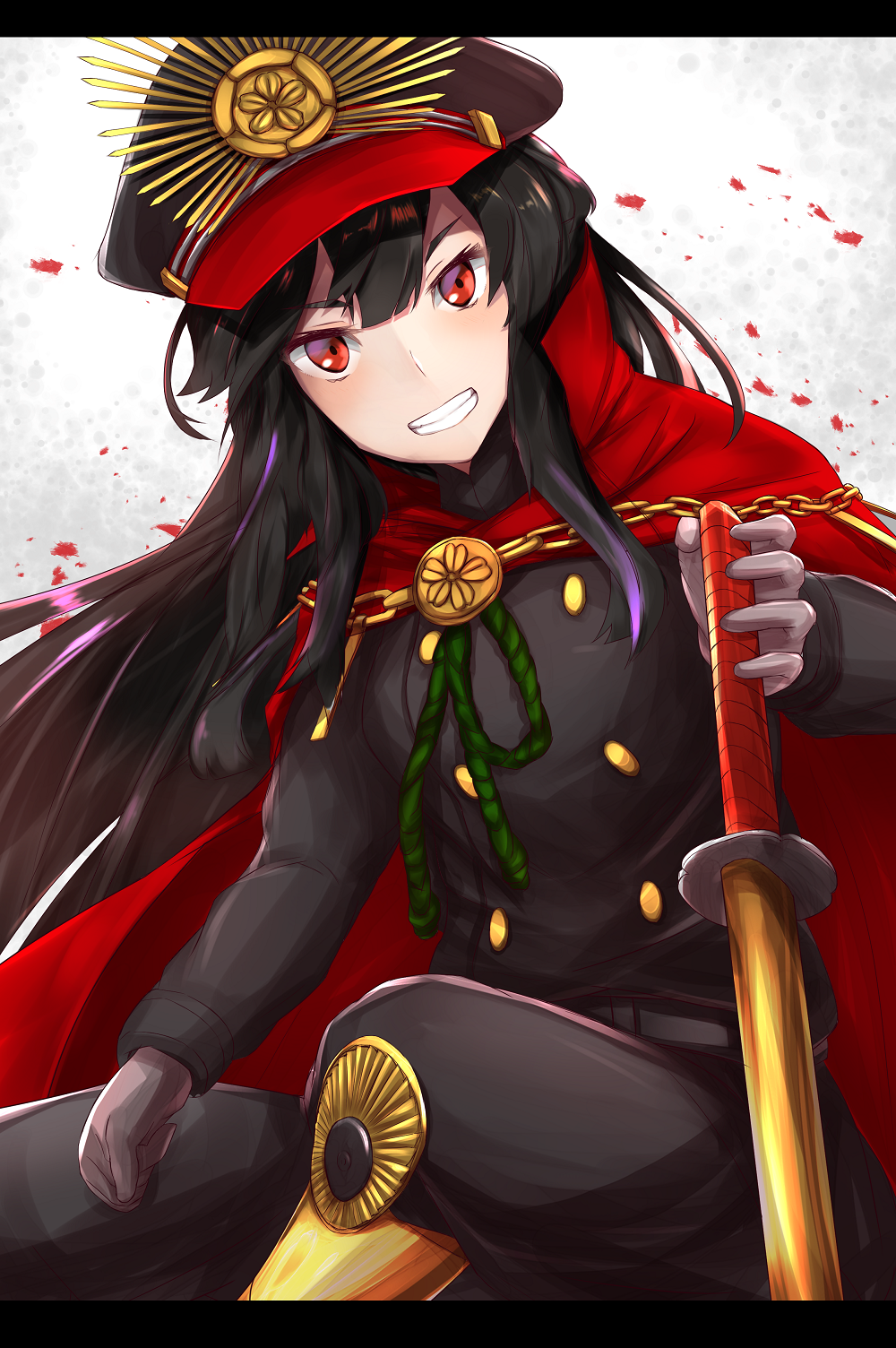 1girl black_hair black_pants demon_archer fate/grand_order fate_(series) floating_hair gloves grey_gloves grin hat headband highres holding holding_sword holding_weapon long_hair looking_at_viewer military military_hat military_uniform nanakaku pants petals red_eyes smile solo sword uniform very_long_hair weapon