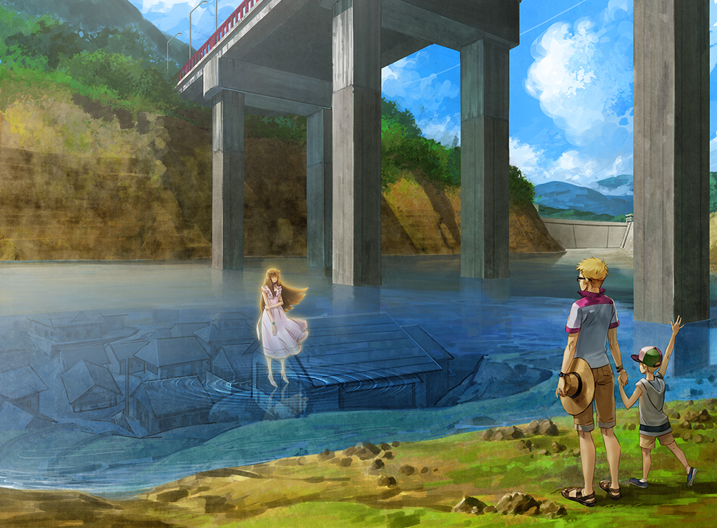 1girl 2boys baseball_cap blonde_hair blue_sky bracelet bridge commentary_request dam day dress glasses grass hand_up hat jewelry long_hair multiple_boys no_socks original oropi outdoors ripples river ruins sandals scenery shirt short_sleeves shorts sky standing standing_on_liquid straw_hat water water_surface white_dress