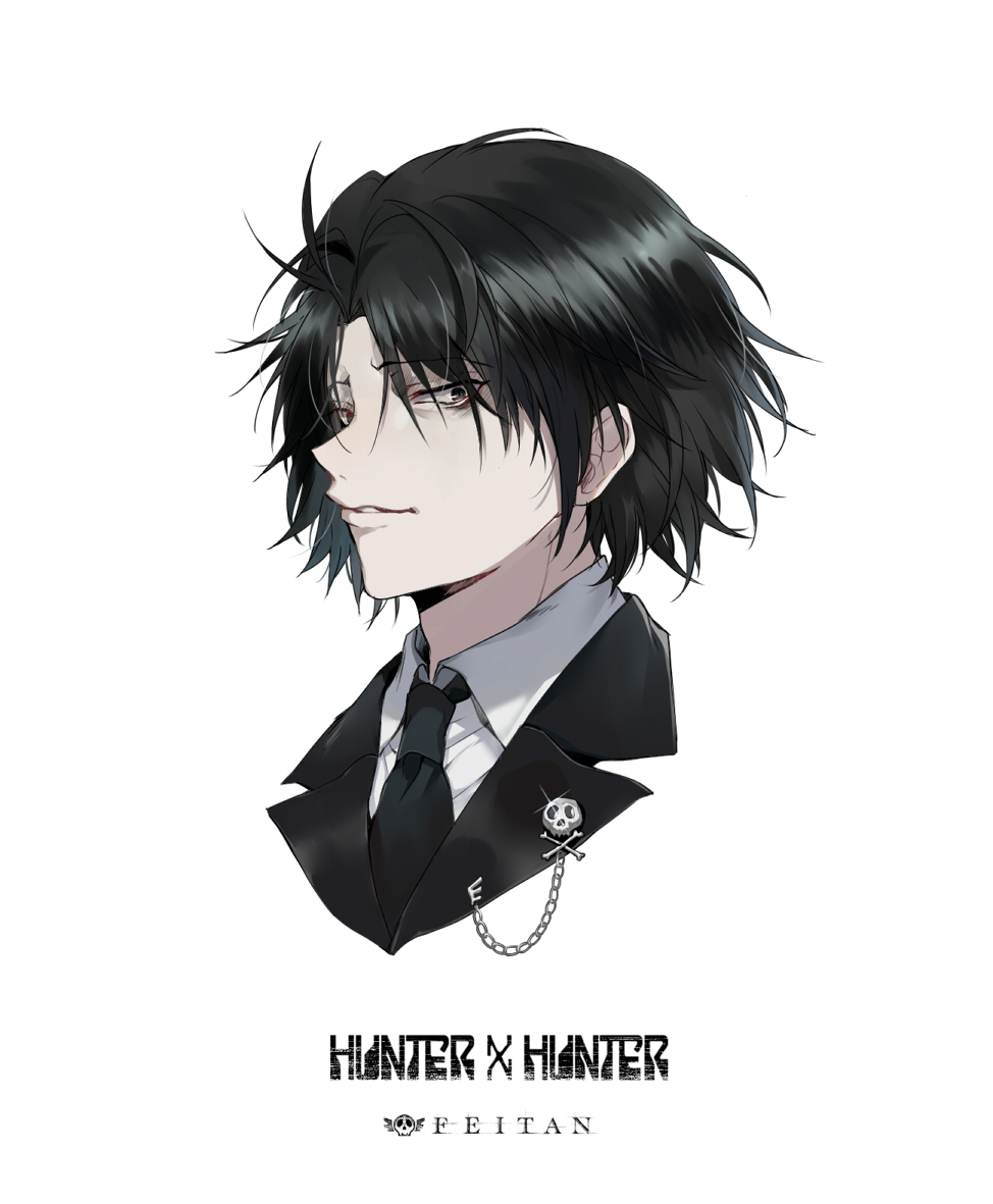 1boy black_eyes black_hair black_jacket black_neckwear chains character_name collared_shirt copyright_name cropped_torso ekita_xuan eyebrows_visible_through_hair feitan hunter_x_hunter jacket looking_at_viewer male_focus necktie parted_lips portrait sanpaku shirt simple_background solo tuxedo white_background white_shirt wing_collar