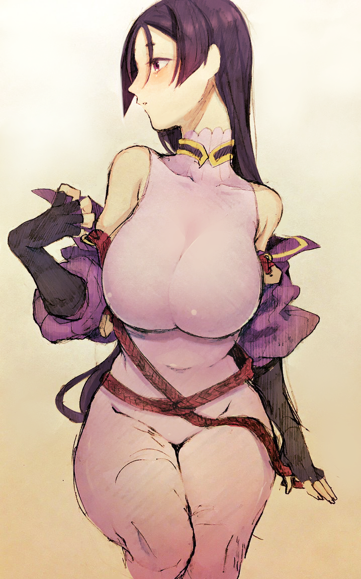 1girl bare_shoulders blush breasts fate/grand_order fate_(series) honda_(obon) large_breasts long_hair looking_to_the_side minamoto_no_raikou_(fate/grand_order) purple_hair sitting solo very_long_hair violet_eyes
