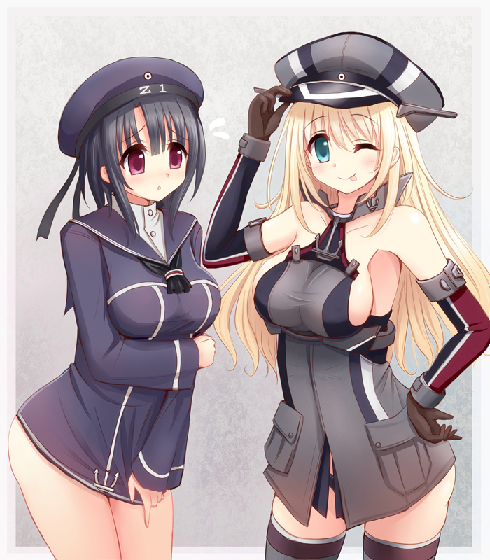 2girls ;p alternate_costume aqua_eyes atago_(kantai_collection) bismarck_(kantai_collection) bismarck_(kantai_collection)_(cosplay) black_hair blonde_hair breasts clothes_writing cosplay covering covering_crotch hat kantai_collection large_breasts long_hair looking_at_viewer multiple_girls one_eye_closed peaked_cap revision rizuriri sailor_hat short_hair sideboob takao_(kantai_collection) thigh-highs tongue tongue_out violet_eyes z1_leberecht_maass_(kantai_collection) z1_leberecht_maass_(kantai_collection)_(cosplay)