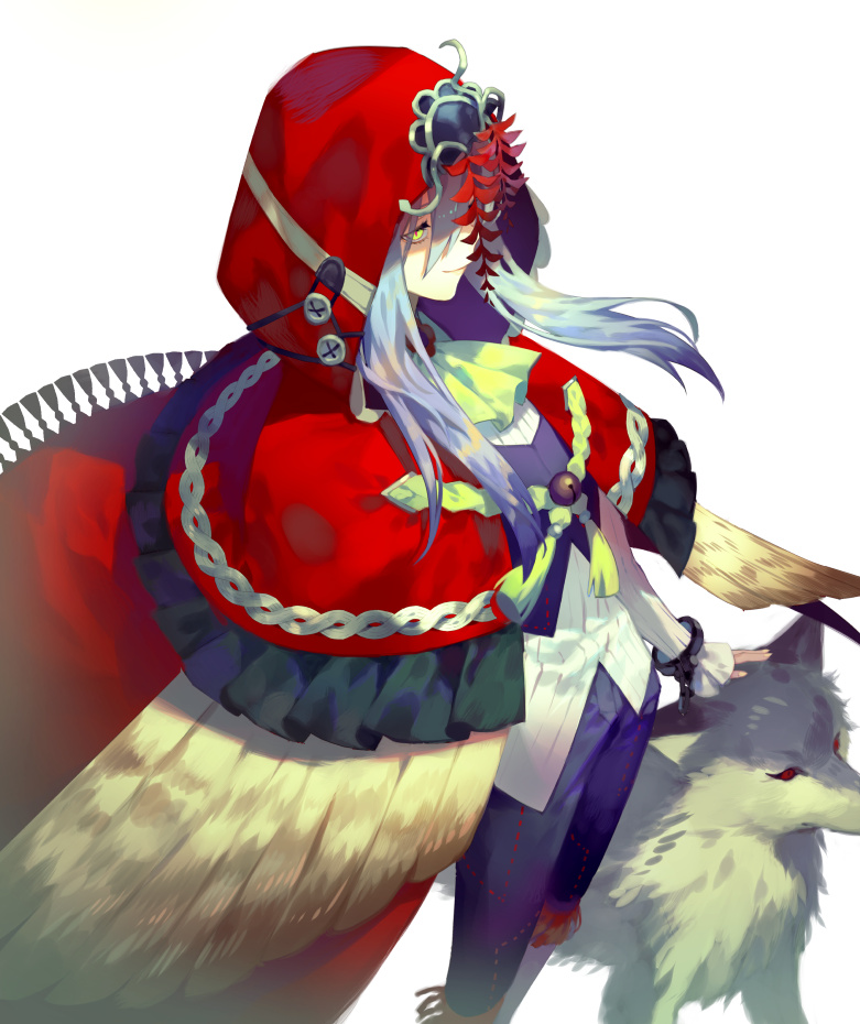 1girl ascot big_bad_wolf_(grimm) blue_eyes blue_pants bracelet capelet cloak closed_mouth from_side green_neckwear hair_between_eyes hood hood_up hooded_cloak jewelry little_red_riding_hood little_red_riding_hood_(grimm) long_hair long_sleeves looking_at_viewer original pants red_capelet simple_background smile standing white_background wolf yamakawa yellow_eyes