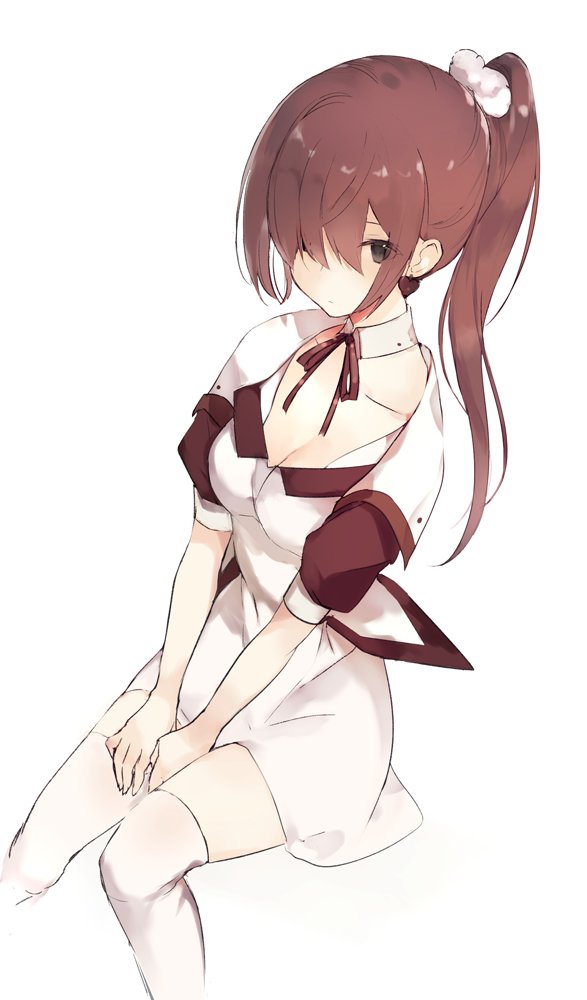 1girl bangs blunt_bangs blush breasts brown_eyes brown_hair cleavage closed_mouth detached_collar dress hair_over_one_eye long_hair looking_at_viewer lpip medium_breasts one_eye_covered ponytail puffy_short_sleeves puffy_sleeves short_sleeves simple_background sitting solo thigh-highs v_arms white_background white_dress white_legwear wing_collar