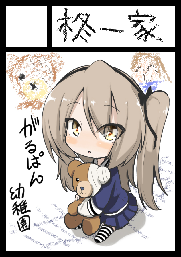 1girl bangs black_legwear black_ribbon blouse blue_blouse blue_skirt boko_(girls_und_panzer) brown_eyes chibi circle_cut commentary_request drawing eyebrows_visible_through_hair eyes_visible_through_hair full_body girls_und_panzer hair_ribbon holding holding_stuffed_animal jinguu_(4839ms) light_brown_hair long_hair long_sleeves parted_lips pleated_skirt ribbon shimada_arisu side_ponytail sitting skirt solo striped striped_legwear stuffed_animal stuffed_toy teddy_bear translated younger