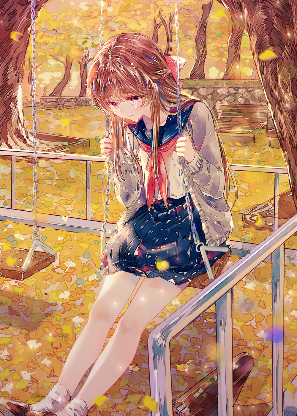 1girl ahma autumn_leaves bag blue_sailor_collar blue_skirt blush brown_footwear brown_hair cardigan closed_mouth crying crying_with_eyes_open highres legs_together long_sleeves looking_up neckerchief original outdoors park pleated_skirt red_neckwear sailor_collar school_bag school_uniform serafuku shirt shoes sitting skirt socks solo swing tears tree violet_eyes wavy_mouth white_legwear white_shirt