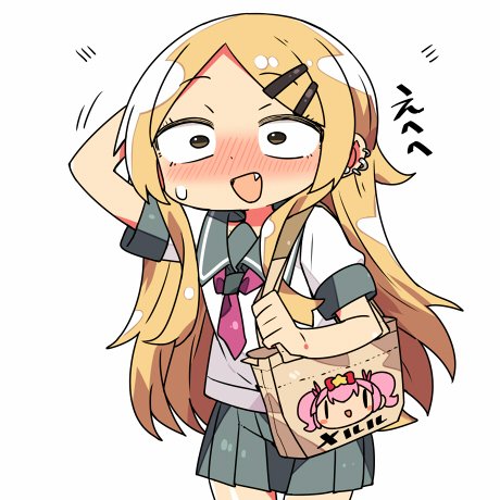 1girl a-1_pictures ascii_media_works bag blonde_hair blush commentary dagashi_kashi endou_saya_(dagashi_kashi) fang fusion handbag kanikama kousaka_kirino long_hair lowres meruru_(oreimo) ore_no_imouto_ga_konna_ni_kawaii_wake_ga_nai school_uniform serafuku