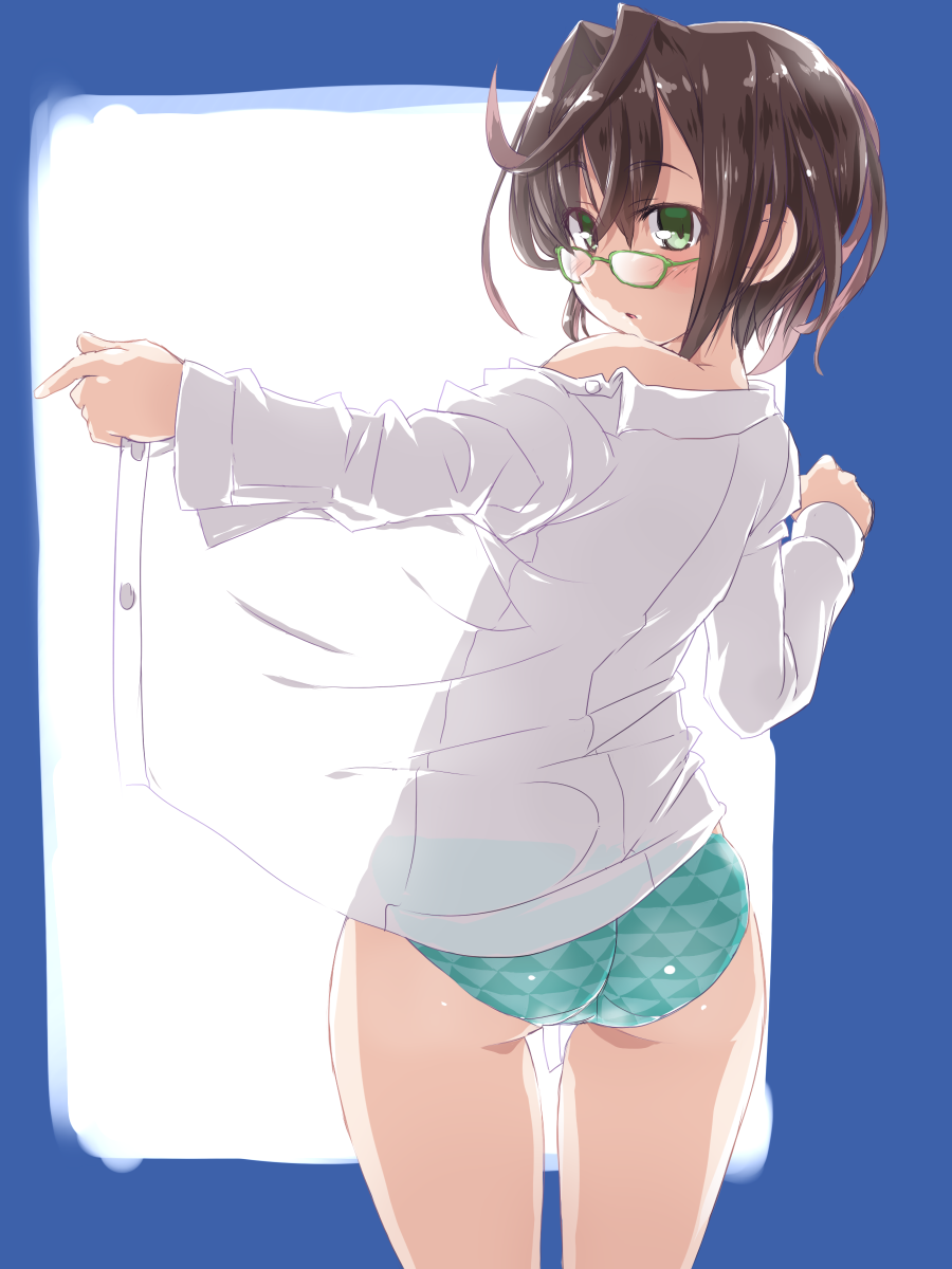 1girl ass backlighting blush brown_hair contrapposto cowboy_shot day dd_(ijigendd) dress_shirt from_behind glasses green-framed_eyewear green_eyes green_panties highres kantai_collection looking_at_viewer looking_back morning no_pants off_shoulder okinami_(kantai_collection) open_clothes open_shirt panties shirt sketch solo standing thigh_gap thighs triangle_print unbuttoned unbuttoned_shirt underwear white_shirt