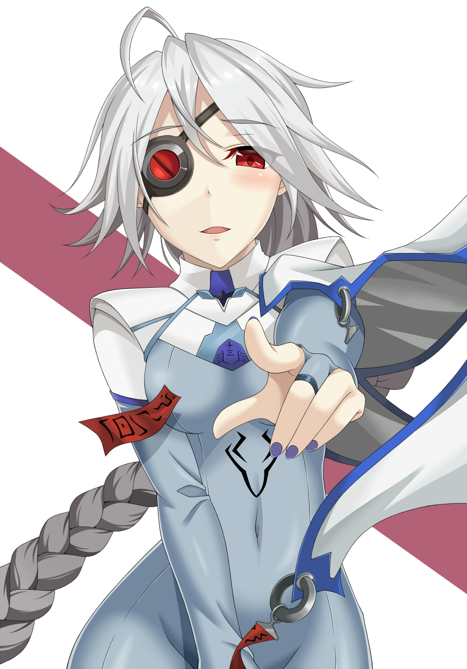 1girl ahoge blazblue blue_nails blush bodysuit esuto eyepatch grey_hair highres nail_polish nu-13 pointing pointing_at_viewer red_eyes