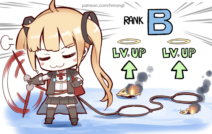 1girl :3 amazon_(azur_lane) azur_lane blonde_hair blush_stickers burning cape chibi closed_eyes closed_mouth english gloves hair_ornament halo hat long_hair ocean patreon_username solo thigh-highs twintails water