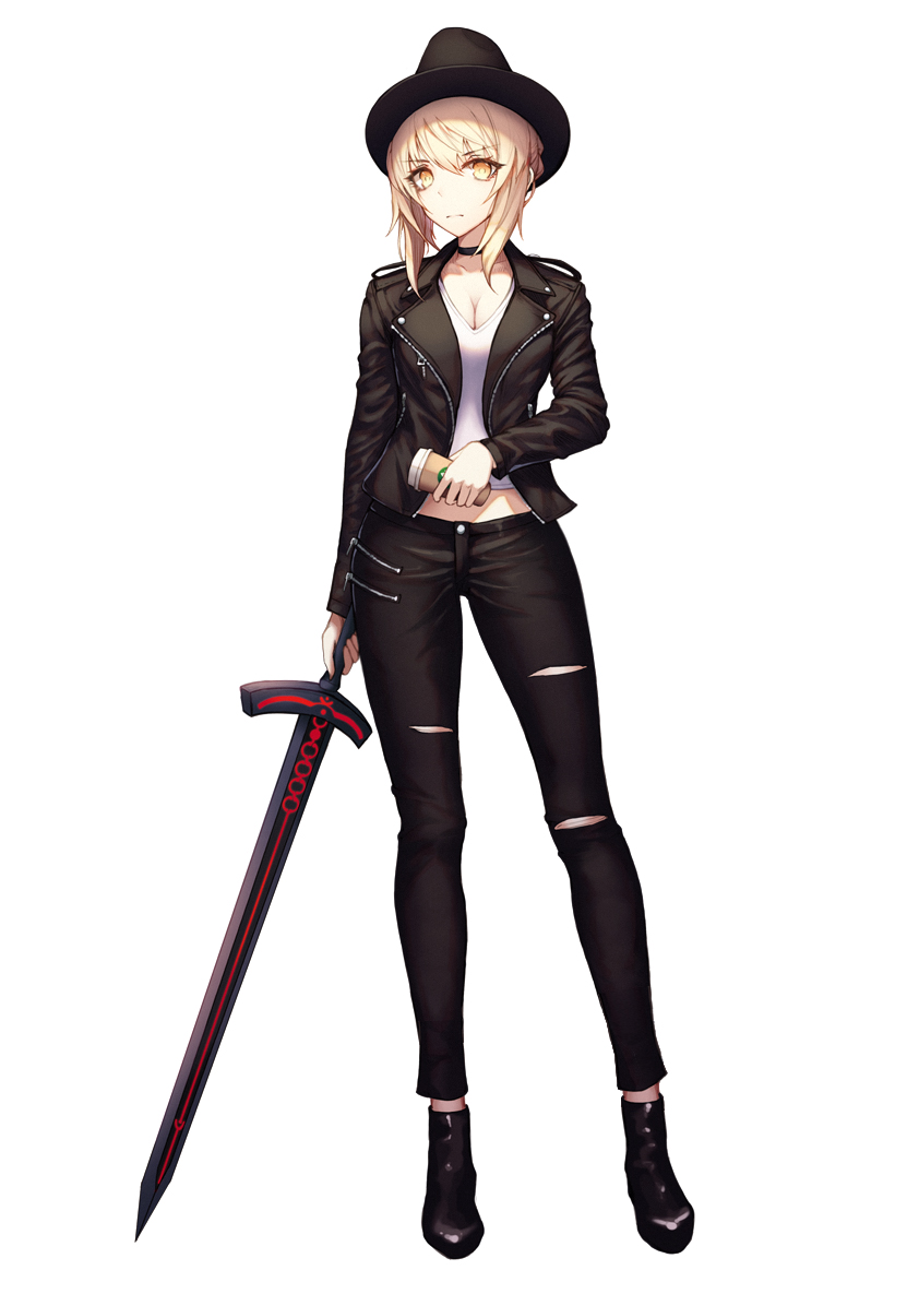 1girl ankle_boots artoria_pendragon_(all) black_footwear black_hat black_jacket black_neckwear black_pants blonde_hair boots breasts choker cleavage closed_mouth collarbone contrapposto cup dark_excalibur expressionless fate/grand_order fate_(series) full_body hat holding holding_cup holding_sword holding_weapon inho_song jacket legs_apart long_sleeves looking_at_viewer medium_breasts open_clothes open_jacket pants paper_cup saber_alter shirt short_hair simple_background solo standing sword torn_clothes torn_pants unsheathed weapon white_background white_shirt yellow_eyes zipper