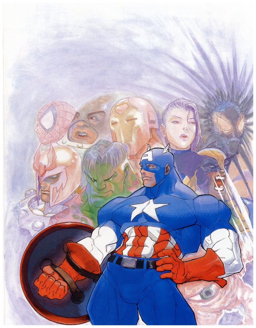 1995 1girl armor belt bengus blackheart_(marvel) capcom captain_america gloves green_skin helmet hulk iron_man juggernaut_(x-men) long_hair magneto marvel multiple_boys official_art oldschool psylocke shield shuma_gorath spider-man wolverine