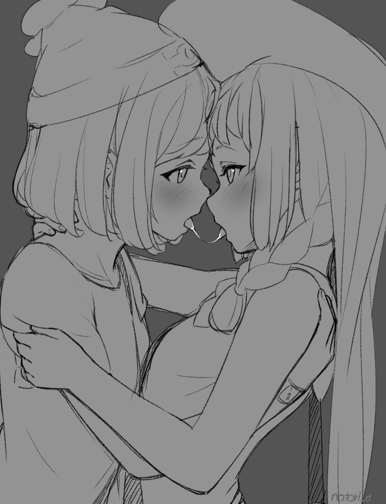 2girls after_kiss arched_back artist_name bangs bare_arms bare_shoulders beanie blush braid dress eyebrows_visible_through_hair from_side grey_background greyscale half-closed_eyes hand_on_another's_shoulder hat hug lillie_(pokemon) long_hair mizuki_(pokemon_sm) monochrome multiple_girls notori_d open_mouth pokemon pokemon_(game) pokemon_sm profile short_hair simple_background sleeveless sleeveless_dress sun_hat tongue tongue_out twin_braids upper_body yuri