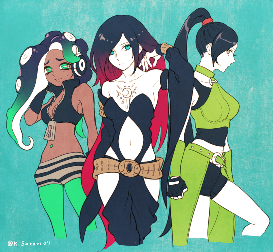 3girls bare_shoulders black_hair blue_eyes breasts crop_top crow_(gravity_daze) dark_skin detached_sleeves dragon_quest dragon_quest_xi fingerless_gloves flaxvivi gloves gravity_daze gravity_daze_2 green_eyes hair_over_one_eye headphones iida_(splatoon) kitten_(gravity_daze) long_hair medium_breasts midriff mole mole_under_mouth multicolored_hair multiple_girls navel nintendo octarian ponytail redhead splatoon splatoon_2 tentacle_hair two-tone_hair zipper