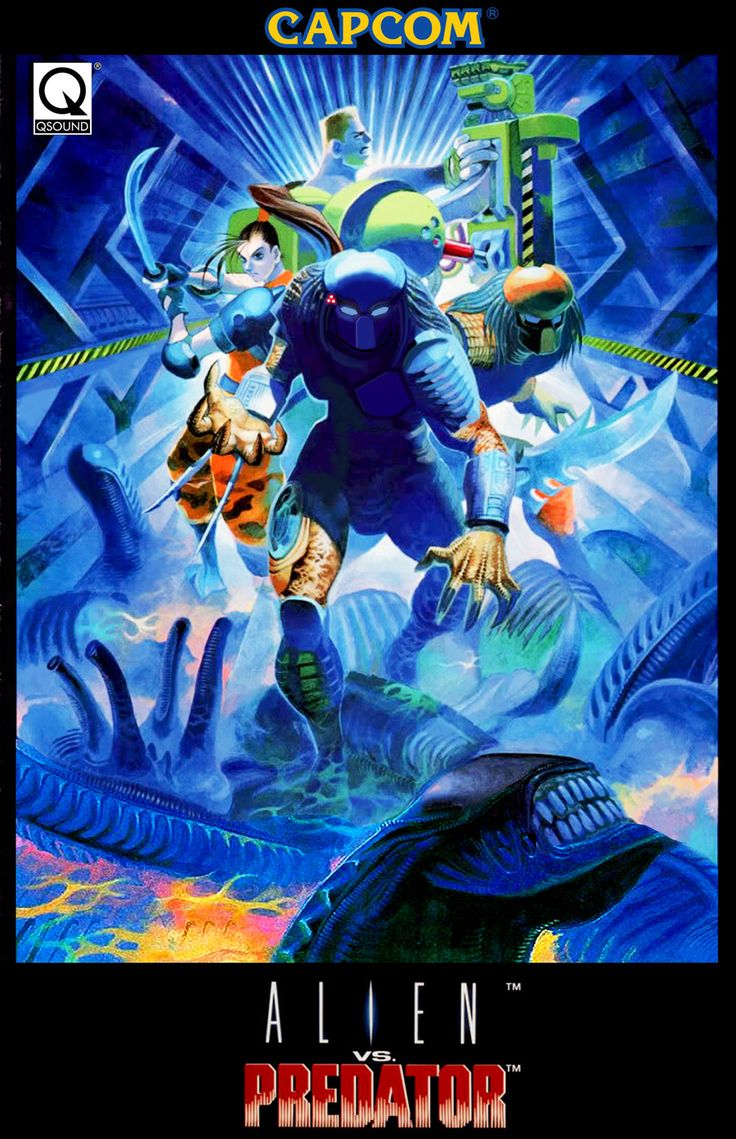 1994 1girl 3boys aliens_vs_predator armor bengus boots capcom dutch_schaefer full_body gloves holding holding_sword holding_weapon katana linn_kurosawa looking_at_viewer multiple_boys official_art predator sword weapon xenomorph