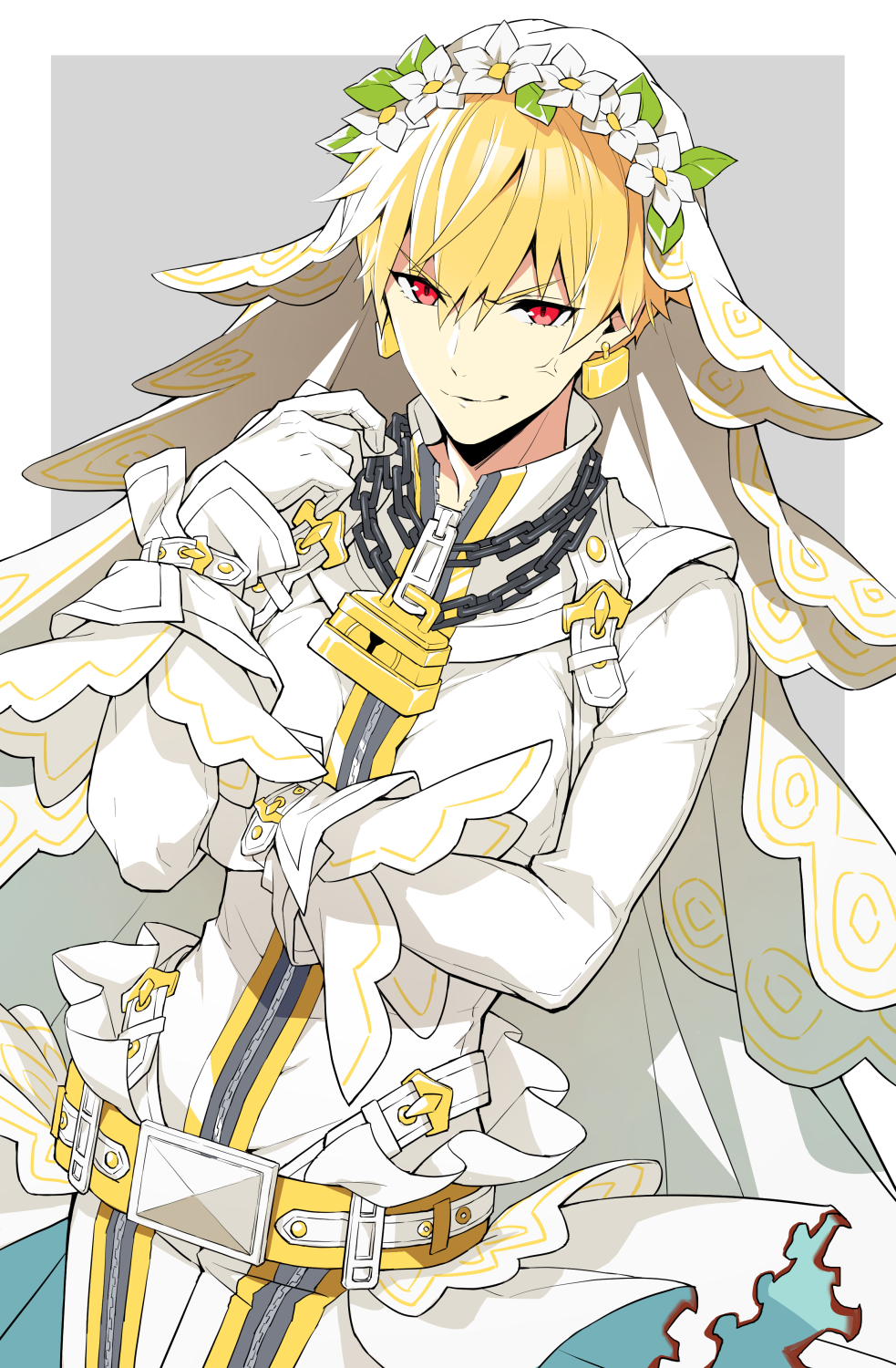 1boy 92_(artist) anger_vein bangs belt blonde_hair chains commentary cosplay crossdressinging dutch_angle earrings eyebrows_visible_through_hair fate/grand_order fate/stay_night fate_(series) flower forced_smile gilgamesh gloves grey_background hair_flower hair_ornament head_wreath highres jewelry lock long_sleeves looking_at_viewer male_focus pants red_eyes saber_bride saber_bride_(cosplay) saber_extra simple_background solo v-shaped_eyebrows veil vest white_gloves white_vest zipper