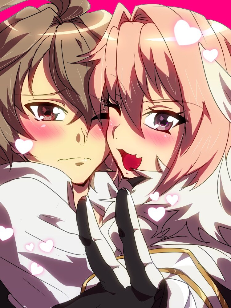 2boys ahoge armor armored_dress bangs blush brown_hair eyebrows_visible_through_hair fang fate/apocrypha fate_(series) fur_trim gauntlets heart looking_at_viewer male_focus multicolored_hair multiple_boys one_eye_closed pink_eyes pink_hair purple_hair red_eyes rider_of_black shirt short_hair sieg_(fate/apocrypha) source_request trap two-tone_hair white_shirt yaoi