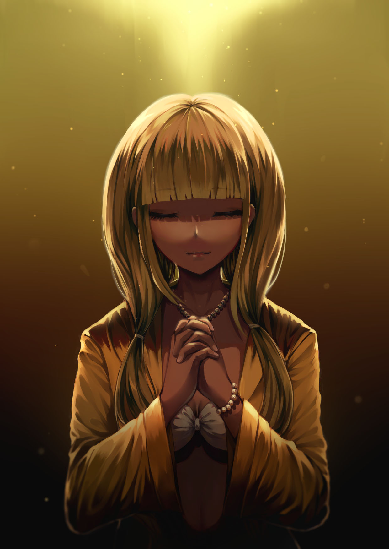 1girl alti_meizi blonde_hair breasts cleavage closed_eyes collarbone dangan_ronpa eyebrows_visible_through_hair hair_ornament hands_clasped highres jacket jewelry long_hair medium_breasts midriff navel necklace new_dangan_ronpa_v3 open_clothes open_jacket own_hands_together solo stomach upper_body white_bikini_top yellow_jacket yonaga_angie