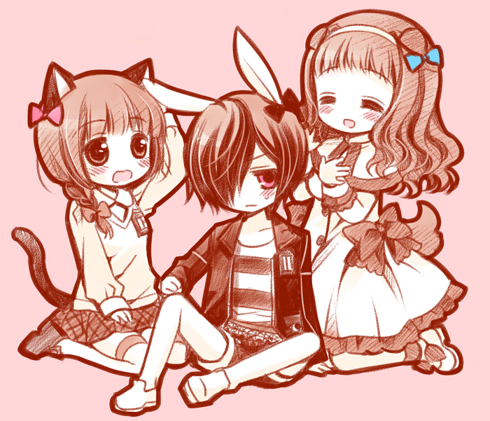 1boy 2girls :d ^_^ animal_ears arm_up bangs belt black_bow black_footwear black_jacket blue_bow blush bow braid brown_background cat_ears cat_girl cat_tail character_request closed_eyes closed_mouth collarbone collared_shirt dog_ears dog_girl dog_tail dress eyebrows_visible_through_hair frilled_dress frills hair_bow hair_over_one_eye hairband hand_on_own_head higanbana_no_saku_yoru_ni jacket kneeling kusunoki_midori long_hair long_sleeves multiple_girls nihei_hikaru open_mouth pink_bow pink_eyes plaid plaid_skirt pleated_skirt rabbit_ears sakurazawa_izumi school_uniform seiza shirt shoes short_shorts shorts side_braid simple_background sitting skirt smile striped striped_shirt studded_belt sweat sweater tail thigh-highs wavy_hair wavy_mouth