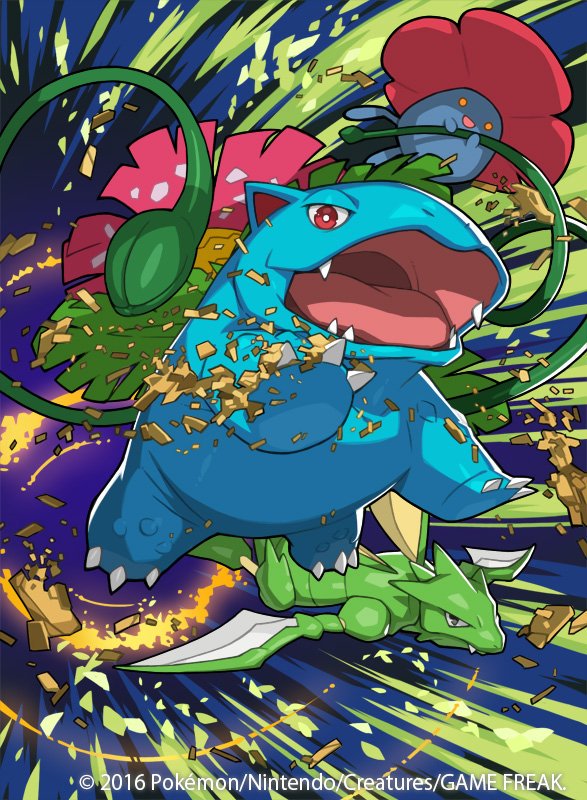 2016 image_sample official_art pokemon pokemon_(creature) pokemon_(game) pokemon_trading_card_game saitou_naoki scyther trading_card twitter_sample venusaur vileplume watermark