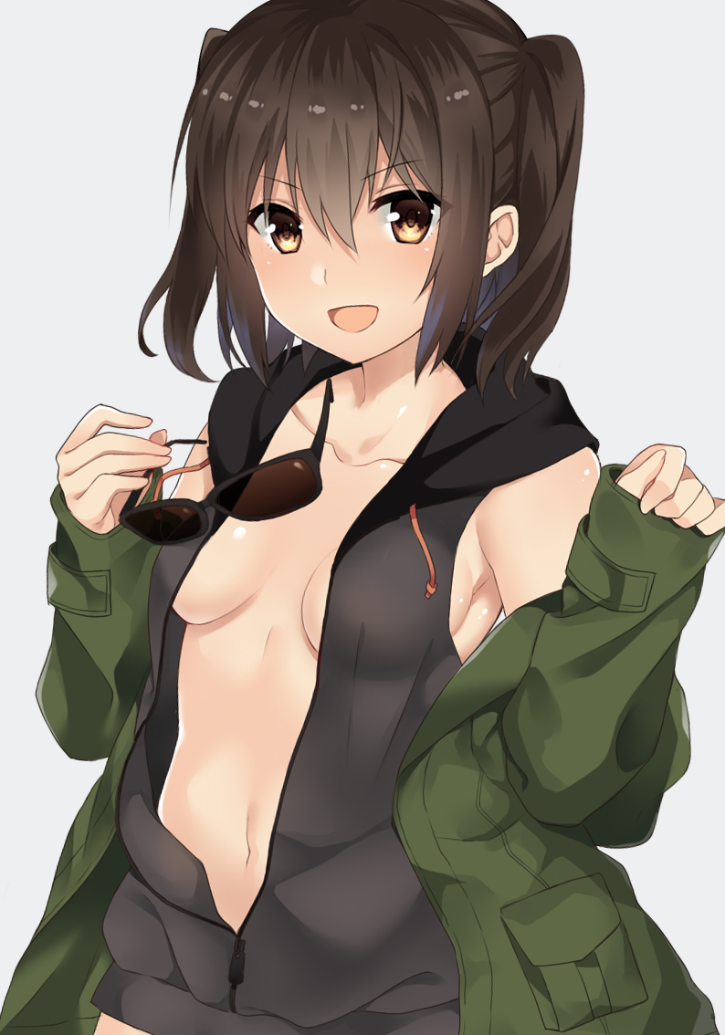 1girl :d bangs black_hair breasts brown_eyes eyebrows_visible_through_hair grey_background hair_between_eyes holding hood hoodie jacket kantai_collection looking_at_viewer navel open_clothes open_jacket open_mouth sendai_(kantai_collection) sidelocks simple_background sleeveless small_breasts smile solo sunglasses twintails upper_body yuzuttan zipper