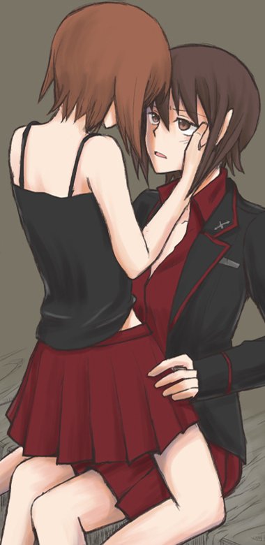 2girls brown_eyes brown_hair eyepatch girls_und_panzer hand_on_another's_cheek hand_on_another's_face hand_on_another's_hip incest multiple_girls mutsu_(layergreen) nishizumi_maho nishizumi_miho red_skirt siblings sisters sketch skirt straddling tan_background yuri
