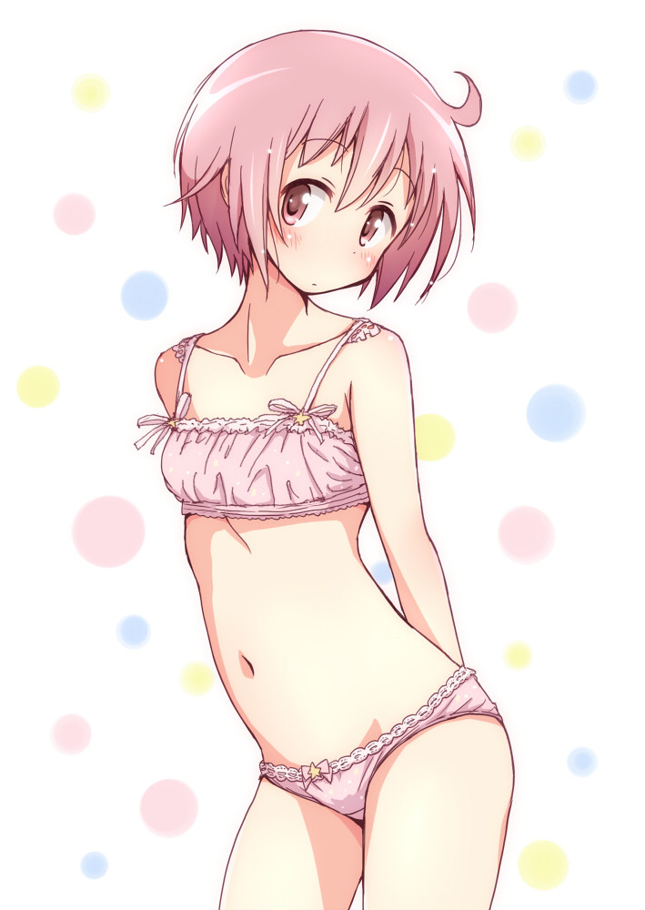 1girl arms_behind_back blush bra breasts closed_mouth collarbone contrapposto cowboy_shot eyebrows_visible_through_hair mel_(melty_pot) navel nonohara_yuzuko panties pink_bra pink_eyes pink_hair pink_panties polka_dot polka_dot_background short_hair simple_background small_breasts solo underwear underwear_only yuyushiki