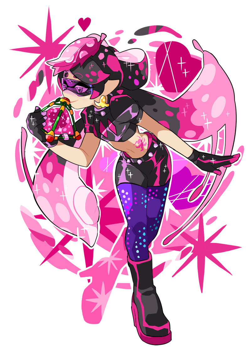 1girl aori_(splatoon) black_belt black_footwear black_gloves black_hair black_shirt black_shorts boots cosplay crop_top domino_mask earrings fingerless_gloves food food_on_head full_body gloves heart high_heel_boots high_heels holding holding_weapon jewelry leaning_forward long_hair looking_to_the_side mask object_on_head pantyhose pantyhose_under_shorts pink_hair pointy_ears polka_dot polka_dot_legwear puffy_short_sleeves puffy_sleeves purple_legwear shirt short_sleeves shorts simple_background solo sparkle spiked_belt splat_bomb_(splatoon) splatoon splatoon_2 spoilers standing sunglasses takozonesu takozonesu_(cosplay) tattoo tentacle_hair weapon white_background wong_ying_chee
