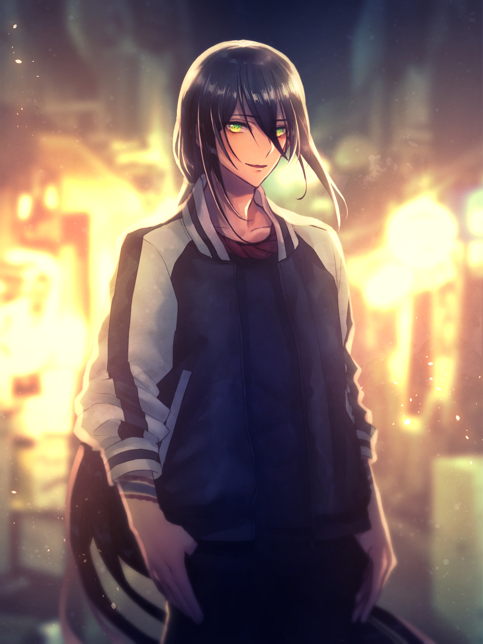1boy arm_tattoo backlighting bangs black_hair black_jacket black_pants black_shirt blurry blurry_background blurry_foreground casual cowboy_shot eyebrows_visible_through_hair fate/grand_order fate_(series) floating_hair green_eyes hair_between_eyes highres jacket light light_particles long_hair long_sleeves looking_at_viewer low_ponytail male_focus moe_(hamhamham) night night_sky open_clothes open_jacket pants parted_lips ponytail raglan_sleeves rope shiny shiny_hair shirt sky sleeves_pushed_up smile solo standing tattoo thumb_in_pocket very_long_hair yan_qing_(fate/grand_order)