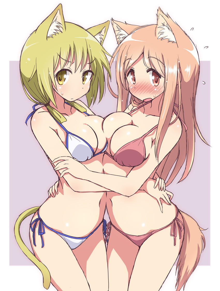 2girls aikawa_chiho animal_ears asymmetrical_docking bangs bikini blonde_hair blush breast_press breasts brown_eyes brown_hair cat_ears cat_tail cleavage collarbone cowboy_shot dog_ears dog_tail embarrassed eyebrows_visible_through_hair flying_sweatdrops full-face_blush halter_top halterneck hug ichii_yui large_breasts legs_together long_hair looking_at_viewer low_twintails medium_breasts mel_(melty_pot) multiple_girls navel nose_blush open_mouth purple_background red_bikini side-tie_bikini sidelocks simple_background standing sweatdrop swimsuit tail tareme twintails two-tone_background white_bikini yellow_eyes yuyushiki