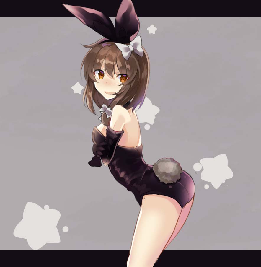 1girl alternate_costume alternate_headwear animal_ears black_leotard bow brown_hair bunny_tail bunnysuit elbow_gloves fake_animal_ears fake_tail hair_bow leotard looking_at_viewer rabbit_ears rin_falcon single_sidelock solo tail touhou usami_renko