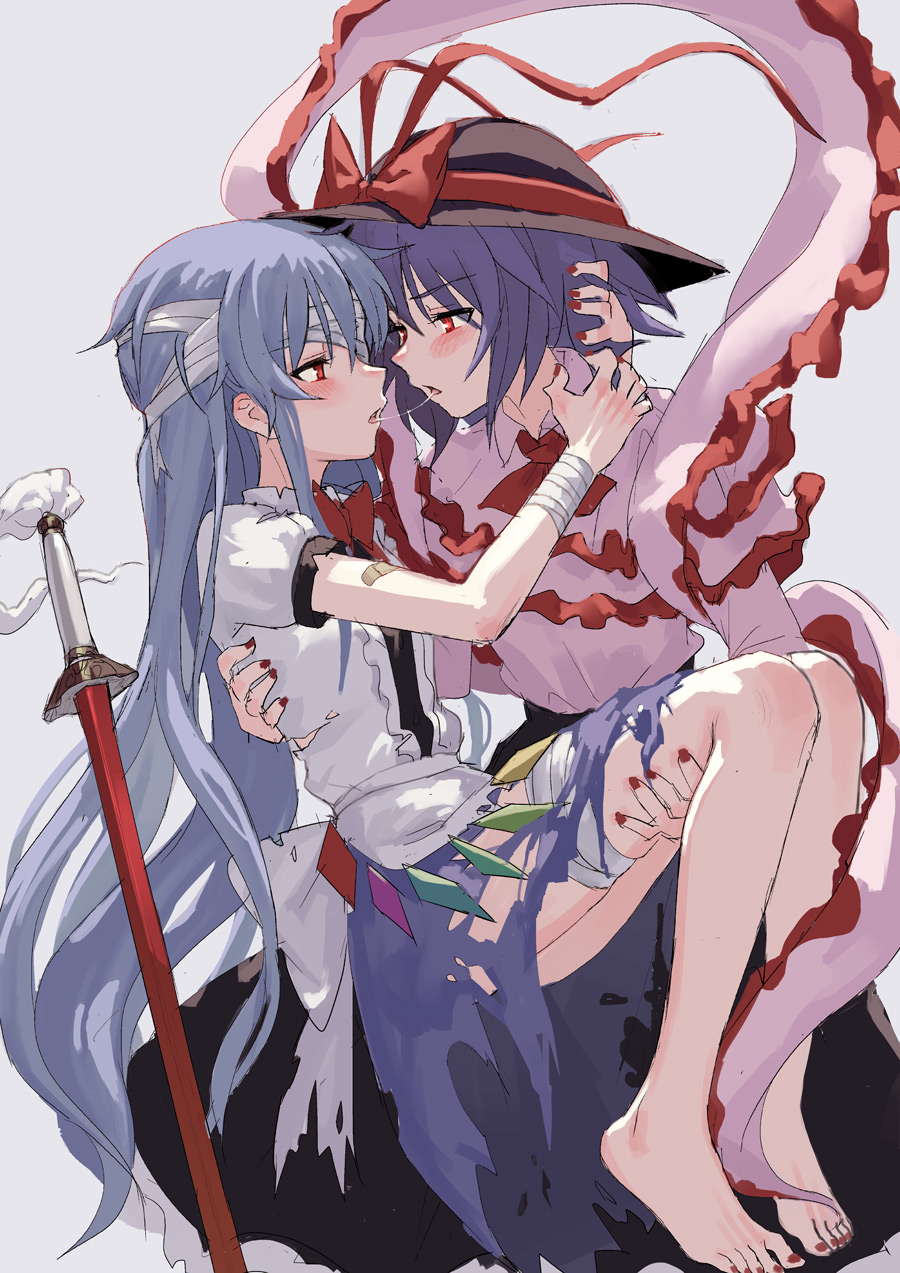 2girls after_kiss bandage bandage_over_one_eye bandaged_arm bandaged_head bandaged_leg bandaid barefoot blue_hair blush bow carrying eye_contact eyebrows_visible_through_hair eyepatch feet fkey grey_background hat hat_bow highres hinanawi_tenshi long_hair looking_at_another multiple_girls nagae_iku nail_polish princess_carry red_eyes saliva saliva_trail short_hair simple_background skirt sword toes torn_clothes torn_skirt touhou very_long_hair weapon yuri