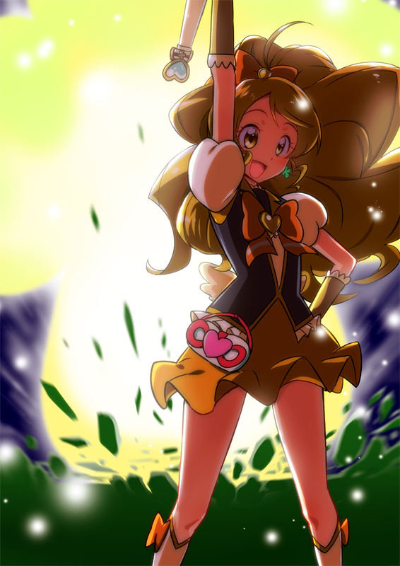 1girl :d arm_up blonde_hair boots bow brooch cropped_legs cure_honey explosion hair_bow hand_on_hip happinesscharge_precure! happy jewelry knee_boots long_hair magical_girl oomori_yuuko open_mouth orange_bow precure skirt smile solo white_footwear yellow_eyes yellow_skirt yuto_(dialique)