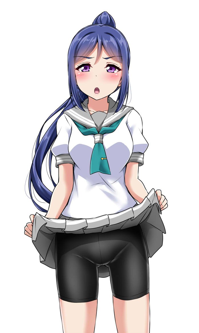 &gt;:o 1girl :o aqua_neckwear bike_shorts black_shorts blue_hair blush commentary_request cowboy_shot lifted_by_self long_ponytail looking_at_viewer love_live! love_live!_sunshine!! matsuura_kanan neckerchief pleated_skirt ponytail school_uniform serafuku short_sleeves shorts shorts_under_skirt skirt skirt_lift solo tie_clip violet_eyes white_background yopparai_oni