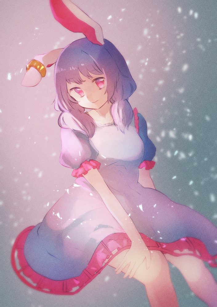 1girl animal_ears bangs blue_dress blurry breasts dress ear_clip ear_down frilled_sleeves frills head_tilt light_particles low_twintails medium_breasts pink pink_eyes puffy_short_sleeves puffy_sleeves rabbit_ears seiran_(touhou) shiny shiny_hair short_dress short_sleeves shukinuko side_glance smile solo thighs touhou twintails