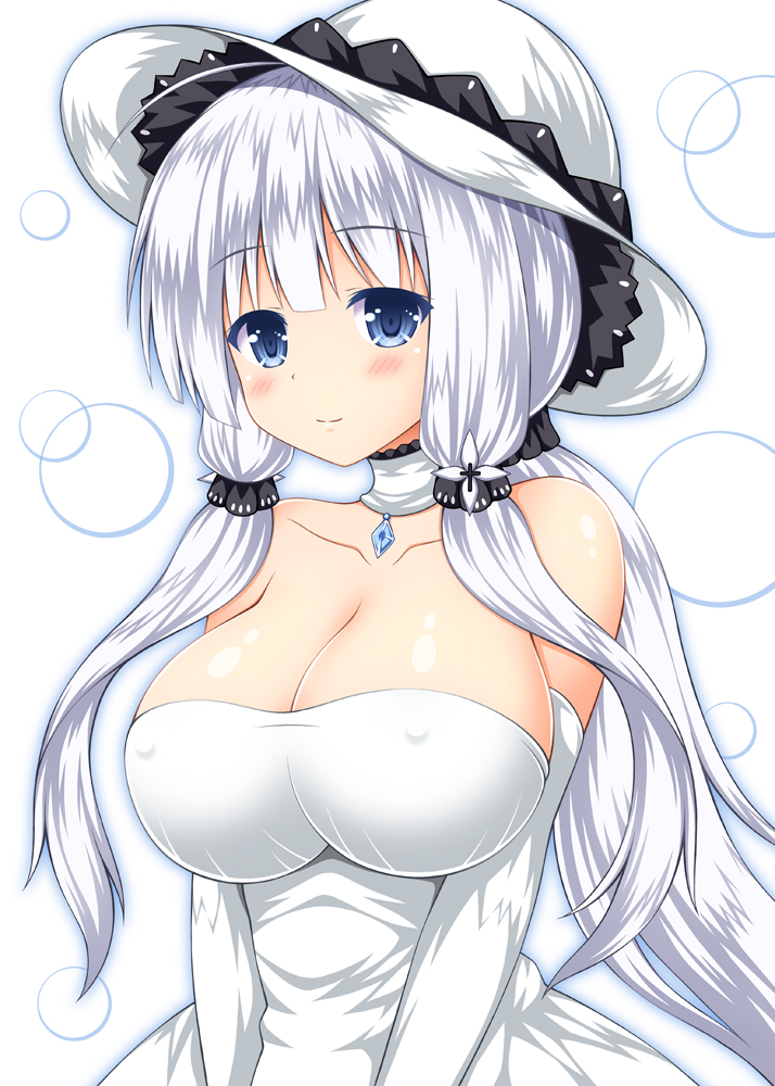 1girl azur_lane bare_shoulders blue_eyes blush breasts choker cleavage collarbone dress elbow_gloves erect_nipples gloves hair_ornament hat illustrious_(azur_lane) large_breasts long_hair looking_at_viewer nagana_sayui off-shoulder_dress off_shoulder simple_background smile solo sun_hat tri_tails v_arms white_background white_dress white_gloves white_hair