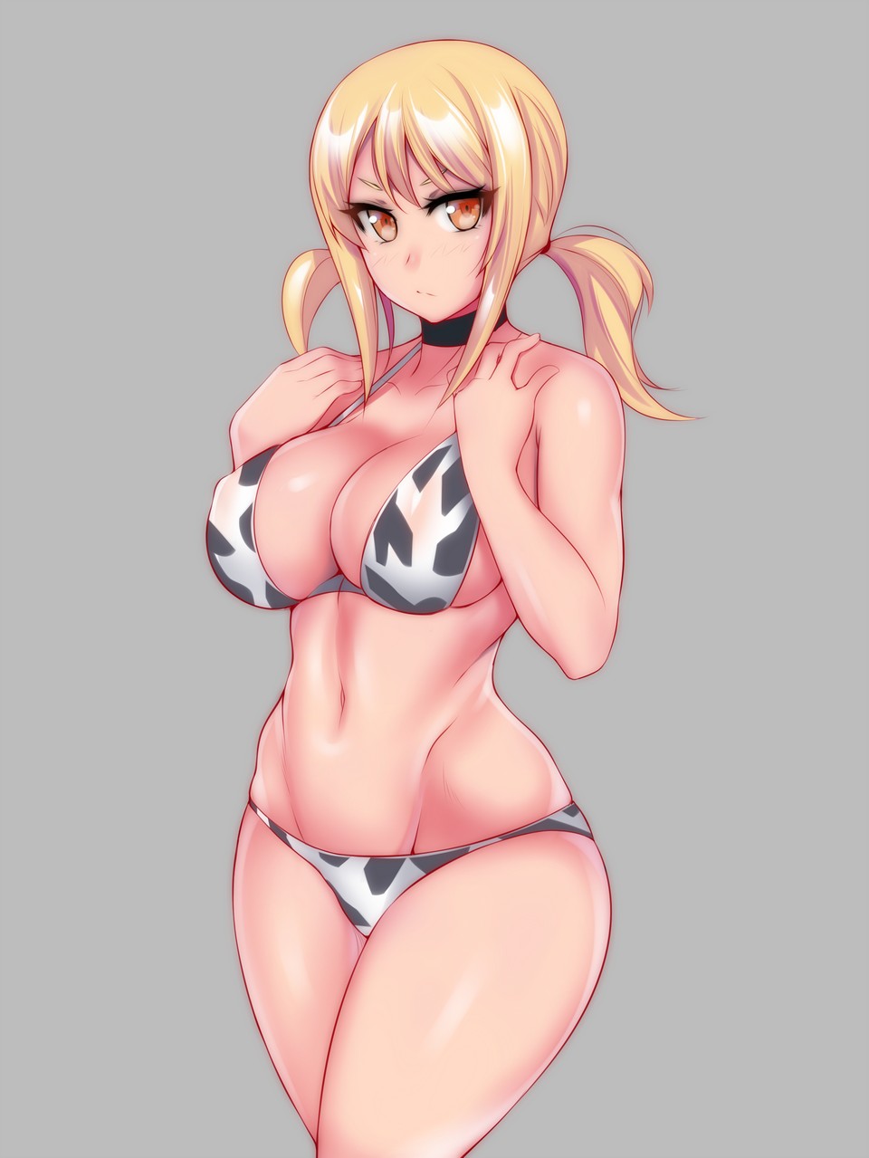 &gt;:/ 1girl :/ animal_print bangs bikini blonde_hair blush breasts choker cleavage closed_mouth cow_print cowboy_shot curvy fairy_tail groin halter_top halterneck hevn highres hip_bones hips large_breasts linea_alba looking_at_viewer low_twintails lucy_heartfilia navel print_bikini sidelocks solo stomach swimsuit thick_thighs thighs twintails wide_hips yellow_eyes
