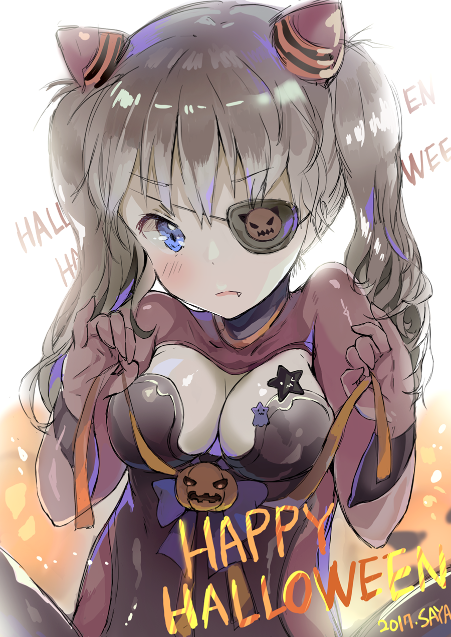 1girl artist_name bangs blue_eyes blush bodysuit closed_mouth dated eyebrows_visible_through_hair eyepatch fang grey_hair halloween_costume hands_up happy_halloween headgear highres holding jack-o'-lantern long_hair looking_down neon_genesis_evangelion saya_(mychristian2) signature solo souryuu_asuka_langley star twintails upper_body
