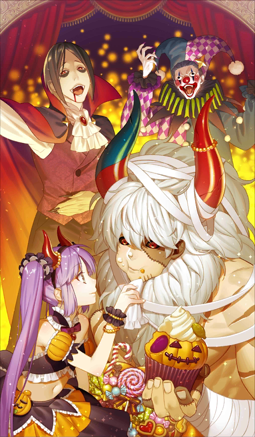 1girl 3boys asterios_(fate/grand_order) bandage bare_shoulders black_hair black_sclera blood blood_from_mouth blush cape caster_(fate/zero) clown costume couple craft_essence cupcake curtains detached_sleeves dress euryale facepaint fake_horns fate/grand_order fate/hollow_ataraxia fate/zero fate_(series) fingernails food food_on_face hairband high_collar horns kazuki_yone long_hair looking_at_viewer multiple_boys nail_polish official_art open_mouth phantom_of_the_opera_(fate/grand_order) puffy_short_sleeves puffy_sleeves purple_hair purple_nails red_eyes sharp_fingernails short_sleeves smile stage_curtains twintails vampire_costume wall-eyed white_hair