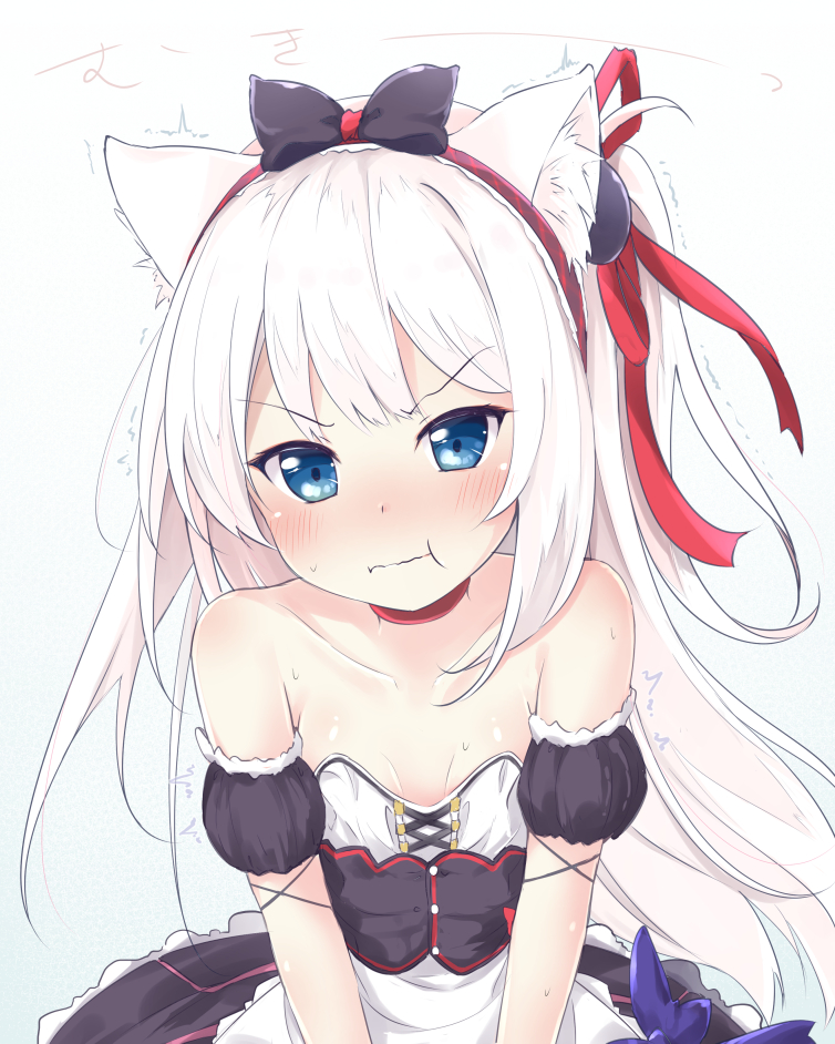 &gt;:t 1girl :t animal_ears apron azur_lane bangs bare_shoulders blue_eyes blush breasts cat_ears choker cleavage collarbone corset hammann_(azur_lane) long_hair looking_at_viewer maid pirason remodel_(azur_lane) small_breasts solo strapless sweat trembling upper_body v_arms waist_apron wavy_mouth