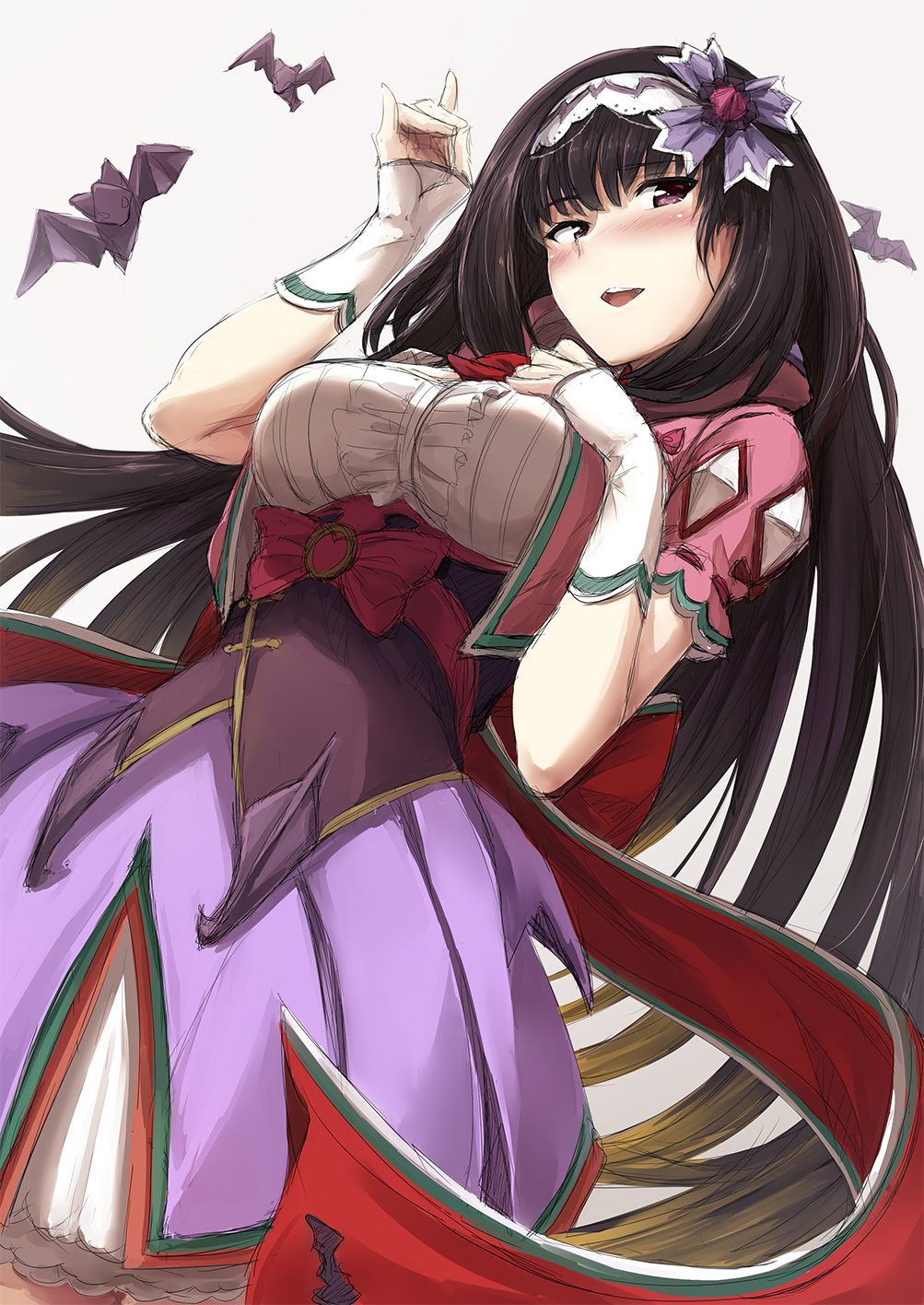 1girl akita_hika bat black_hair blush breasts brown_hair commentary_request fate/grand_order fate_(series) gradient_hair hairband highres hood hoodie large_breasts long_hair looking_at_viewer low_twintails multicolored_hair origami osakabe-hime_(fate/grand_order) purple_skirt skirt smile solo twintails very_long_hair violet_eyes
