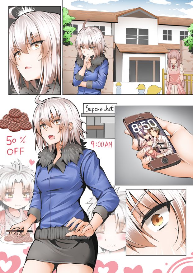 2girls ahoge baby bangs black_skirt blue_jacket breasts cellphone comic cowboy_shot day fate/grand_order fate_(series) fujimaru_ritsuka_(male) fur_trim ginhaha jacket jeanne_alter kindergarten medium_breasts miniskirt multiple_girls open_mouth parted_lips phone ruler_(fate/apocrypha) short_hair silent_comic silver_hair skirt smartphone yellow_eyes